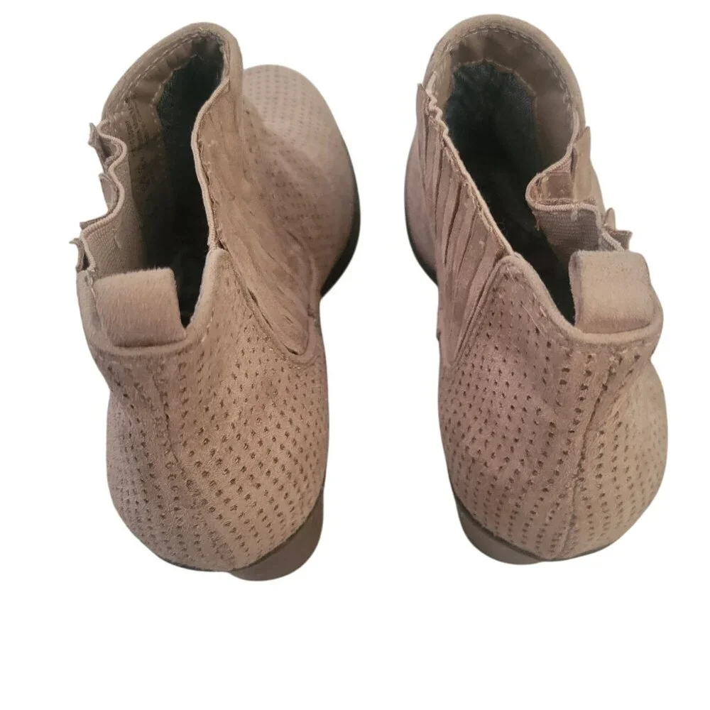 Tan Perforated Suede Ankle Boots With Block Heels & Elastic Side Panels Size 8.5